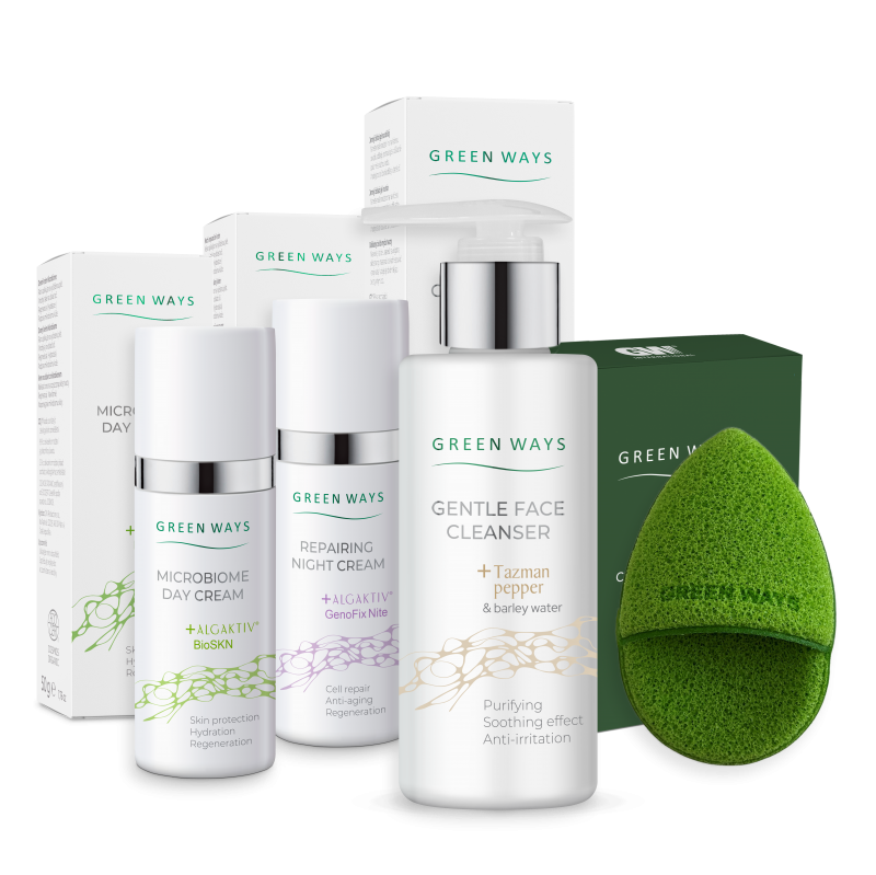 Green Ways Skin Care Set- Day and Night Cream, Cleansing Gel + Facial Sponge for FREE